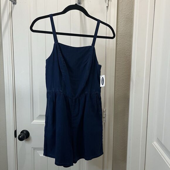 Old Navy Chambray Dark Wash Smocked Short Strappy Romper Womens Size XS NEW - Picture 1 of 10